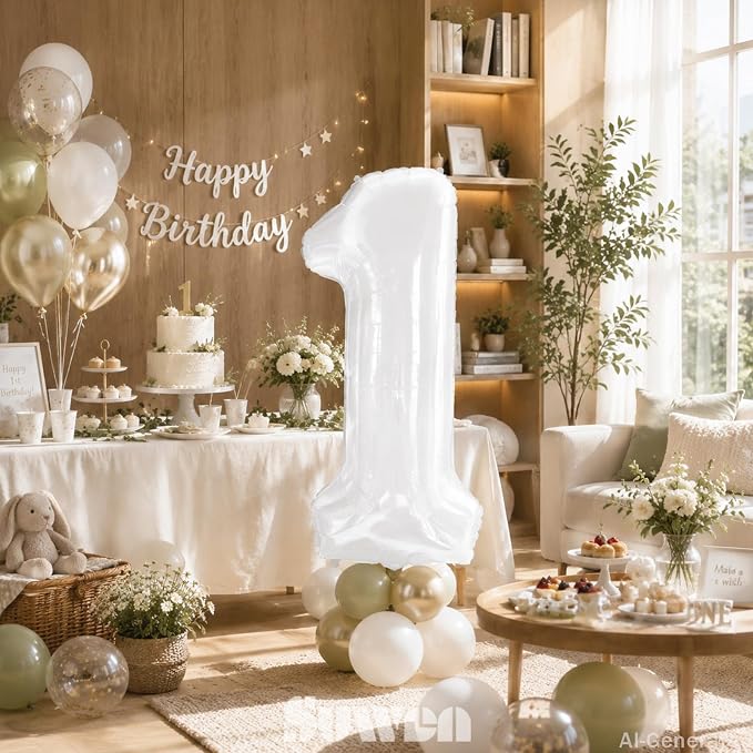 SUWEN 40 Inch White Large 1 Balloon Number Big Foil Helium Numbers 0-9 | Giant - Image 3