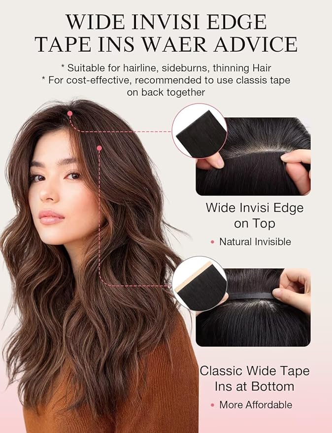 DOORES Invisi Edge Wide Tape in Human Hair Extensions, Dark Brown to Chestnut Brown 4PCS Injection Tape ins 20g 18 Inch, Injected 3 Inch Wide Extensions Straight for Thinning Hair