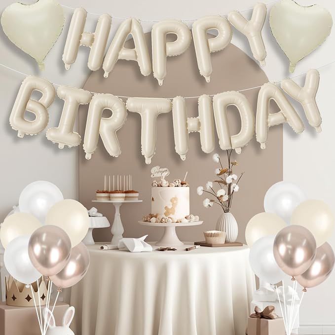 Happy Birthday Balloon Banner Cream, 16 Inch Beige Mylar Letters Heart Foil - Image 3