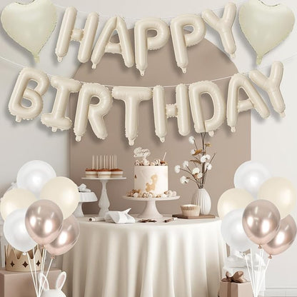 Happy Birthday Balloon Banner Cream, 16 Inch Beige Mylar Letters Heart Foil - Image 3