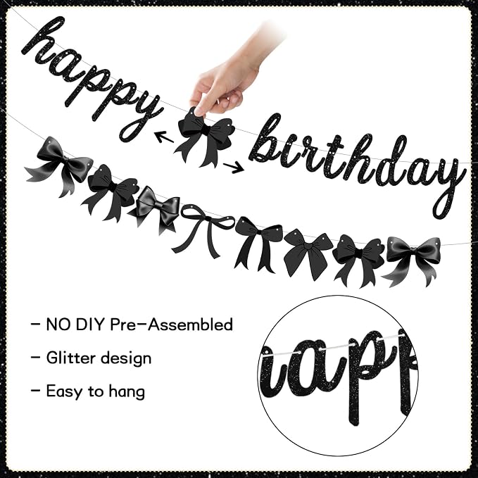2pcs Glitter Black Bow Party Banner Pre-Strung Happy Birthday Decorations Bow - Image 3