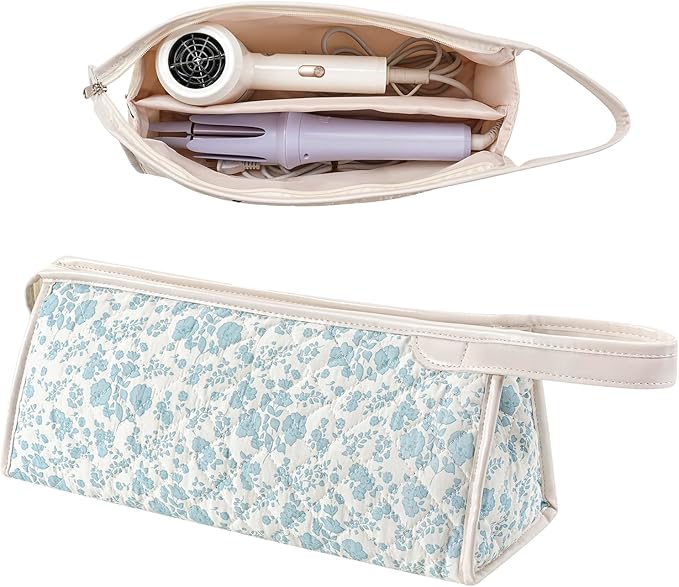 Large Quilted Hair Tools Travel Bag,Aesthetic Hair Styling Accessories Storage Case for Flat Irons,Straightener,Curling Iron,Hair Dryer,Dyson Airwrap Travle Bag（04Blue Flower）