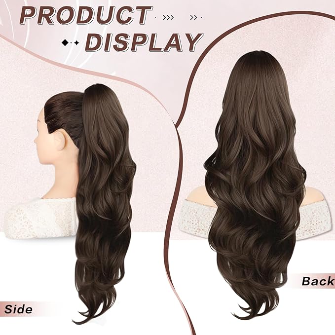 Brown Ponytail Extension, Drawstring Ponytail Extension for Women Long Brown Wavy Layered Pony Tails Hair Extensions 26 Inch Synthetic Clip in Ponytail Hairpiece for Women(Medium Brown)