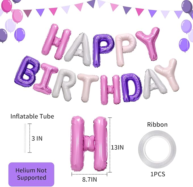 Purple Pink Happy Birthday Balloon Banner, 16 Inch Foil Mylar Happy Birthday - Image 3