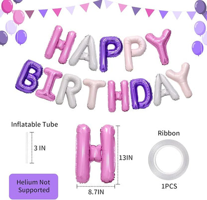 Purple Pink Happy Birthday Balloon Banner, 16 Inch Foil Mylar Happy Birthday - Image 3