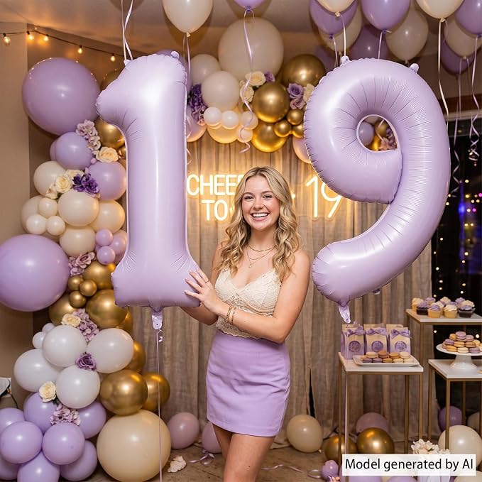 Cream Purple Number 19 Balloon 40 Inch, Foil Digits - Image 2