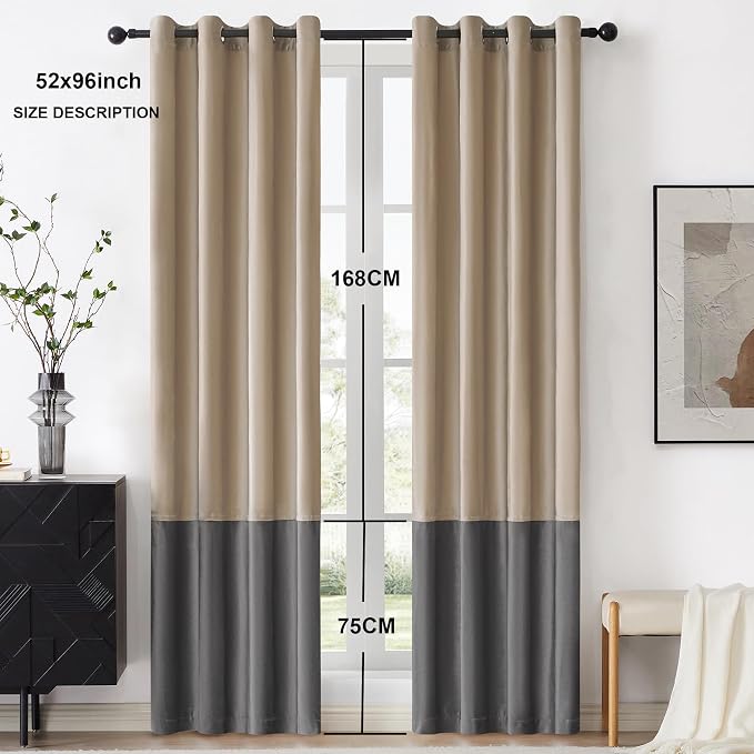 BULBUL Champagne Grey Color Block Window Curtains Panels 96 inches Long Velvet - Image 6