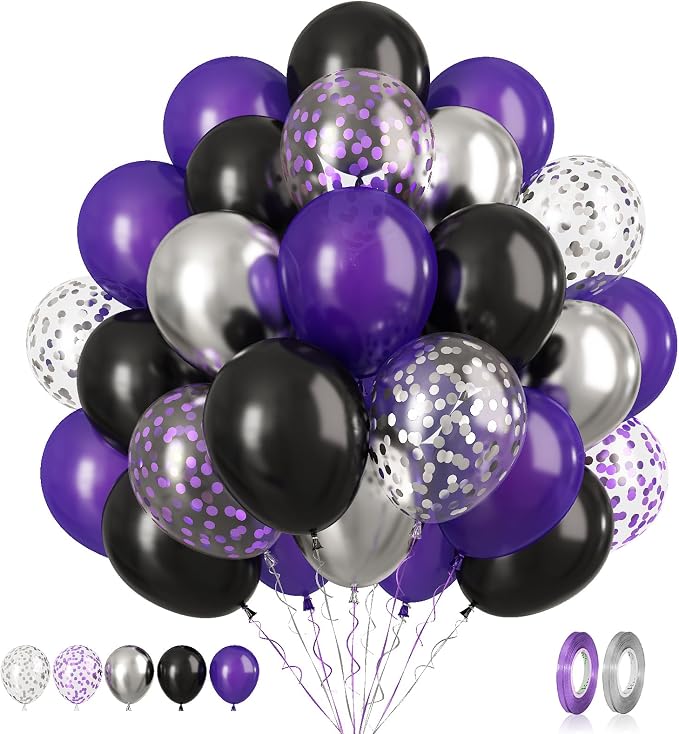 Purple Black Balloons Set, Metallic Black Silver Purple Confetti Balloons Latex by BIAPIAN