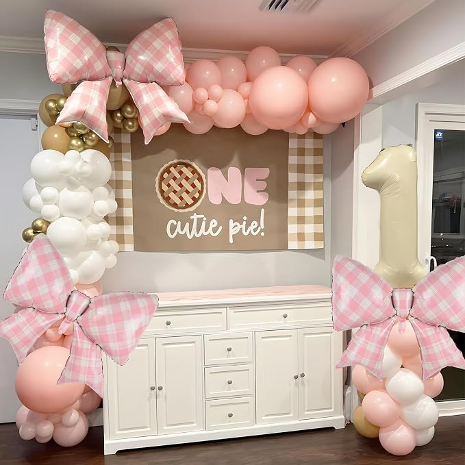 Pink Plaid Bow Balloons, 38 Inch Pink Giant Gingham Checkered Bowknot Foil - Image 5