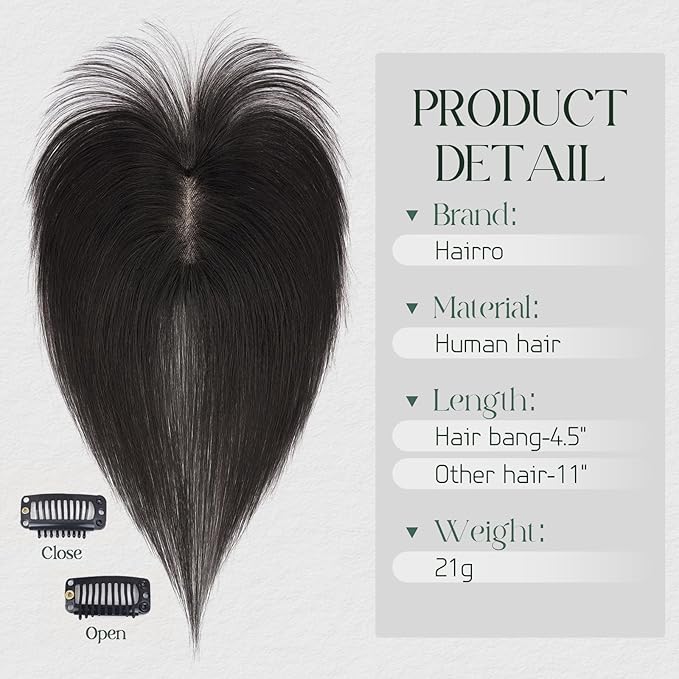 Hairro Toppers Hairpieces For Women Wispy Air Clip On Bangs Remy Short Black Lace Topper 3D Cover Wiglet 11 Inches 21g #1B