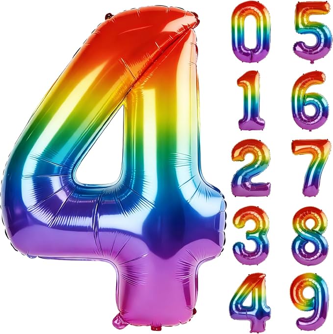 40 Inch Number 4 Balloons for 4th Birthday Party Decorations, 0-100 Rainbow by FOBELEC