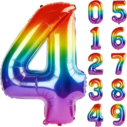 40 Inch Number 4 Balloons for 4th Birthday Party Decorations, 0-100 Rainbow by FOBELEC