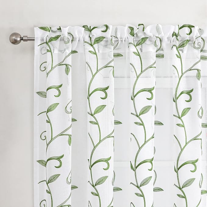 Embroidered Green Sheer Voile Curtains, Leaves Embroidery Faux Linen Rod Pocket - Image 3