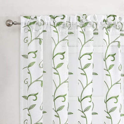 Embroidered Green Sheer Voile Curtains, Leaves Embroidery Faux Linen Rod Pocket - Image 3