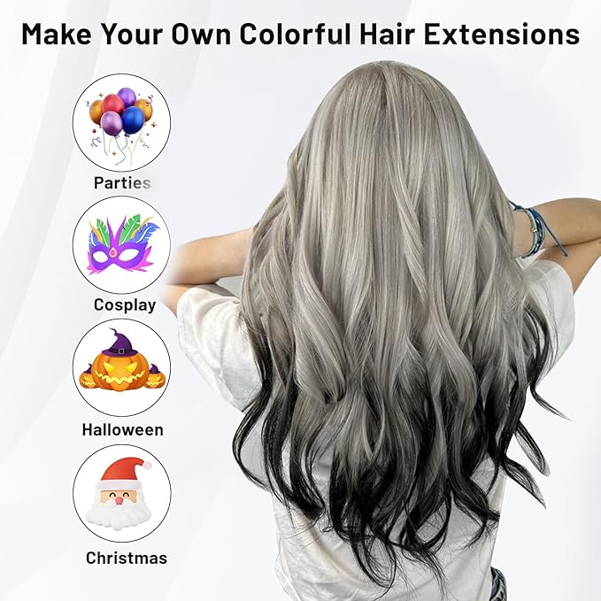 16 Pcs Colored Hair Extensions Curly Wavy Clip in Synthetic Hair Extensions,Colorful Party Highlights Hairpiece Streak for Girls Women Kids Christmas New Year Cosplay Favors Gift(Black)