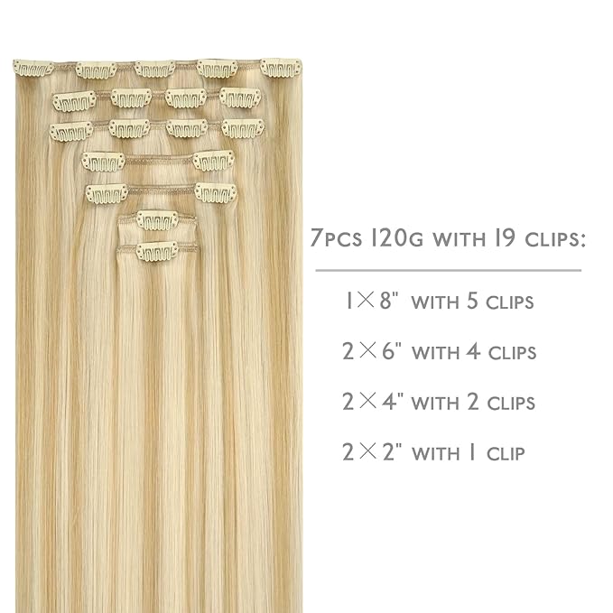 WENNALIFE Clip in Human Hair Extensions, 20 Inch 120g 7pcs Light Blonde Highlighted Golden Blonde Hair Extensions Clip In Human Hair Remy Real Human Hair Double Weft