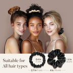 LULUSILK Black Silk Scrunchies for Hair Sleep, 100% Real Mulberry Silk, No Damage Hair Ties for Women and Girls, Pack of 3