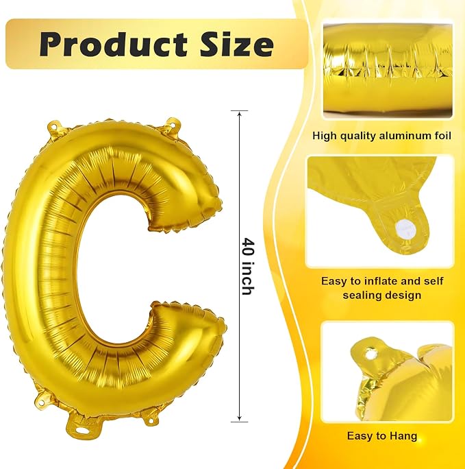 Gold Letter C Balloons, 40 Inch Large Foil Letter Balloons, Custom Phrase - Image 2