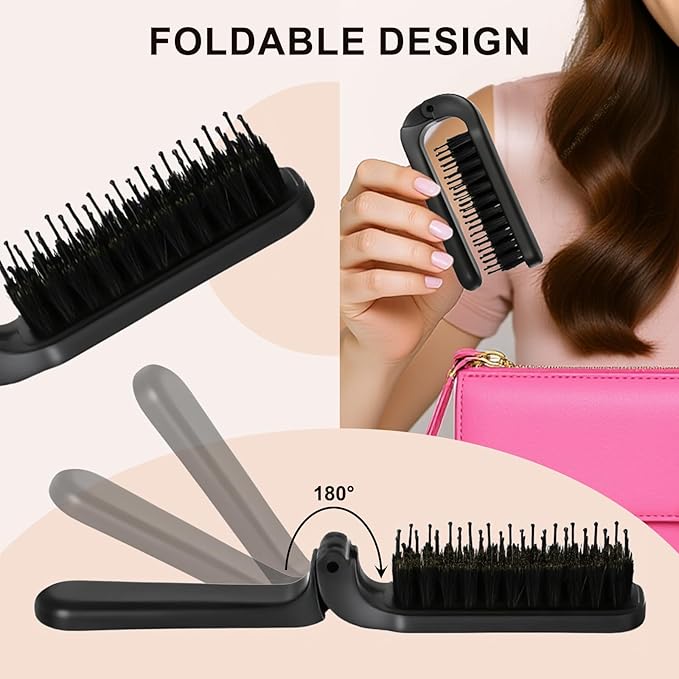 Folding Travel Hair Brush - Mini Boar Bristle Hairbrush Women, Men & Kids, Portable Pocket Purse Brush for Thick Thin Wet Dry Hair Restore Shine, Black