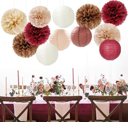 Burgundy-Brown Champagne Party-Decorations Paper-Flowers Lanterns - Image 3