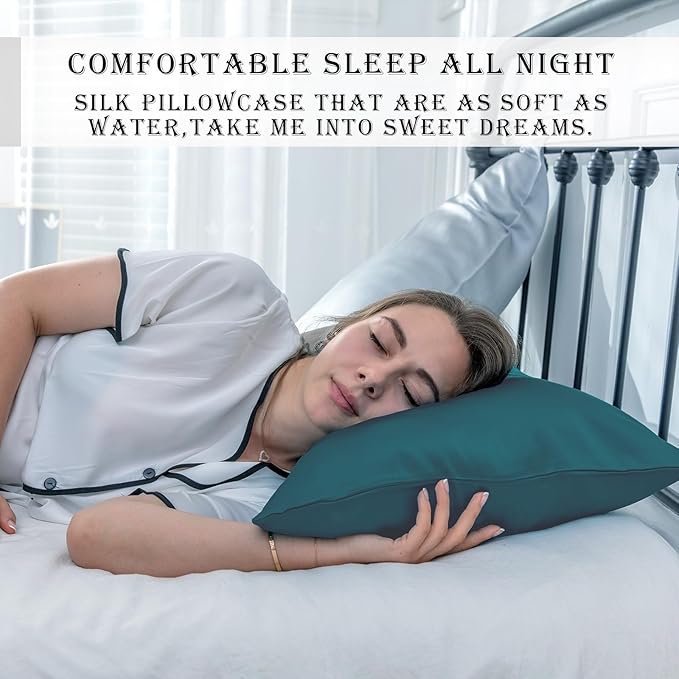 Silk Pillow Cases 2 Pack Soft Breathable and Sliky Standard Size Pillow Cases Set of 2,Natural Mulberry Satin Silk Pillowcase with Hidden Zipper for Hair and Skin (Teal,20"X 26",2pcs)