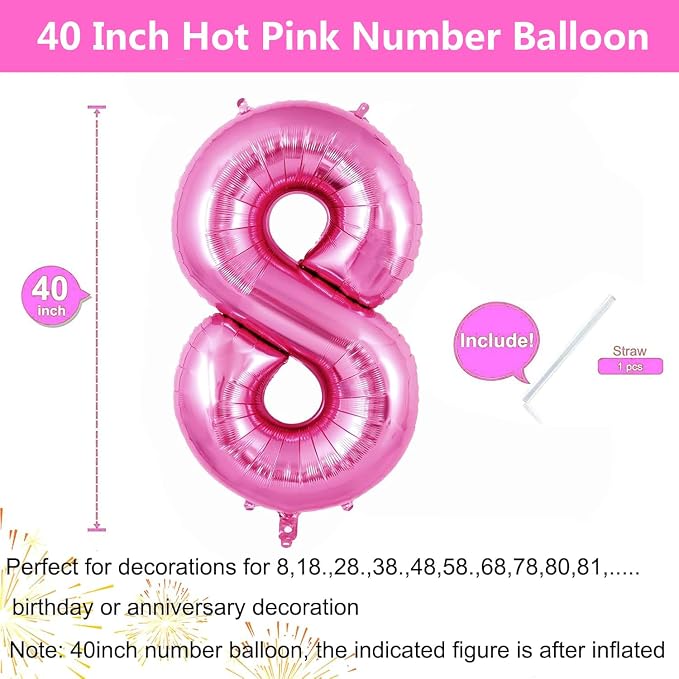 Pink Number Balloons, Large Hot pink Number 8 Balloon 40 Inch Pink 8 Balloon - Image 2