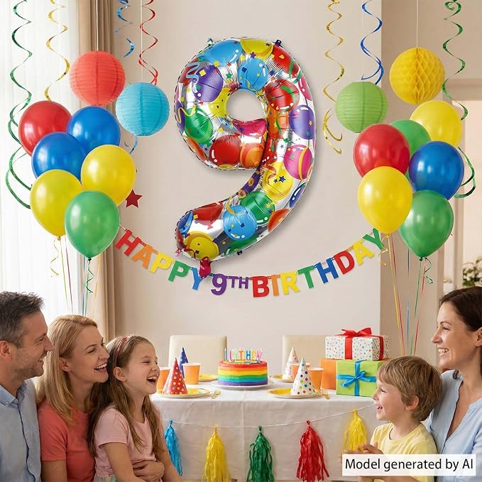 Rainbow Number 9 Balloon, 40 Inch Large Foil Helium Number Balloons 0-9 - Image 3