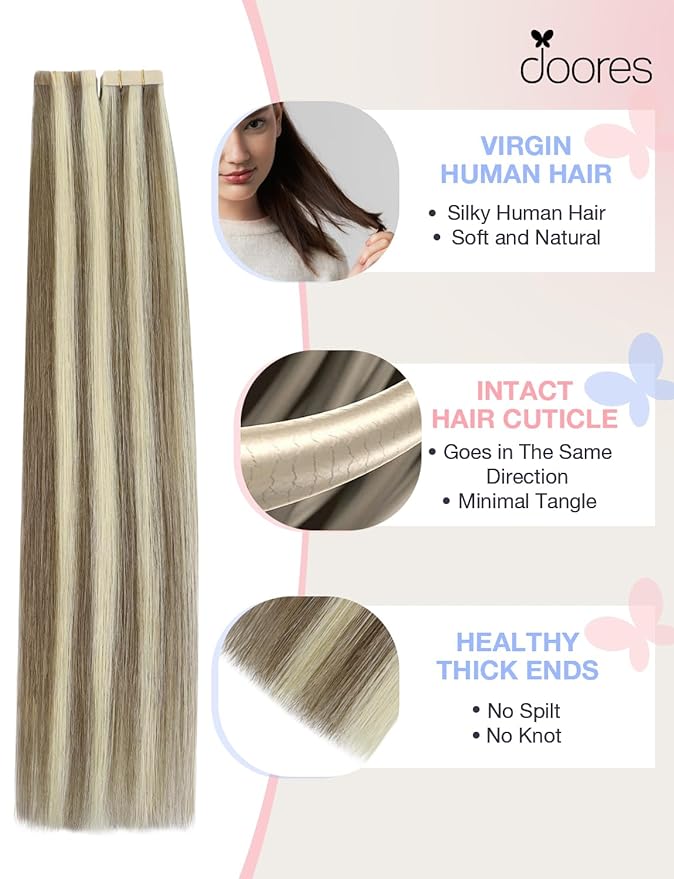DOORES Invisi Edge Tape in Hair Extensions Human Hair, Light Brown Highlighted Medium Blonde 10 Injection Tape-ins with 10 Classic Tape-ins 50g 20 Inch, Virgin Tape in Extensions
