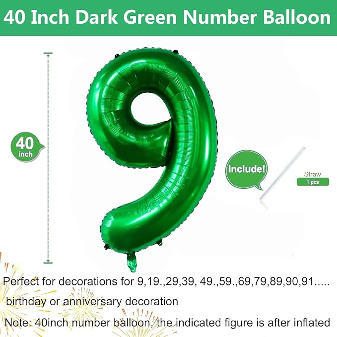 Green Number Balloons, 40 Inch Dark Green Balloon 9.9 Helium Balloon 9th - Image 2
