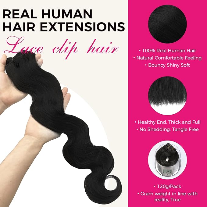 Lashey Body Wave Clip in Hair Extensions for Black Women, 20 Inch 7pcs 120g Natural Black Remy Human Hair Extensions Thick Hair with Lace Weft Clip Ins