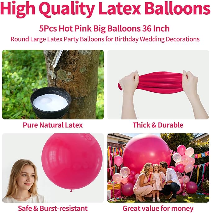 5Pcs Hot Pink Big Balloons 36 Inch, Round Large Latex Party Balloons - Image 2