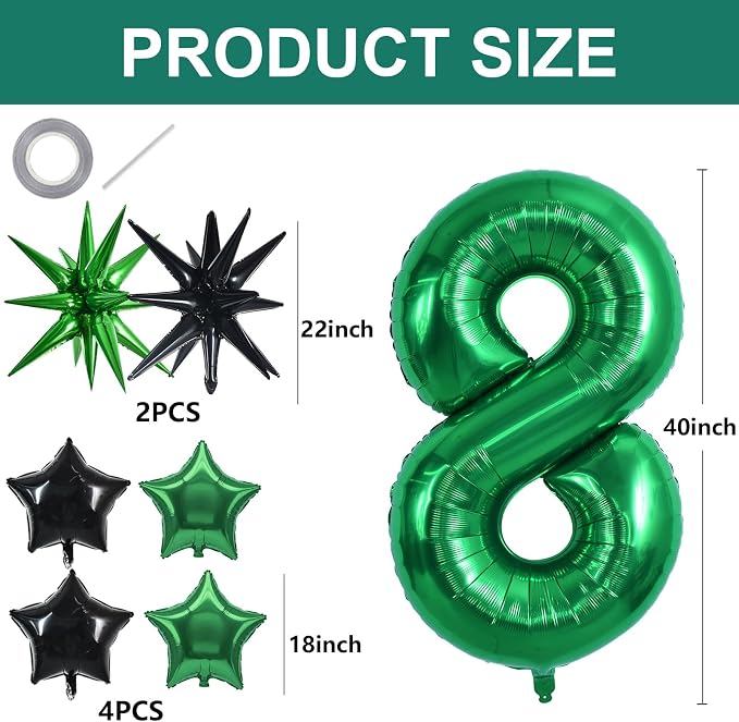 TONIFUL 8th Birthday Balloons Kit 40 Inch Dark Green Large Number 8 Balloon | - Image 2