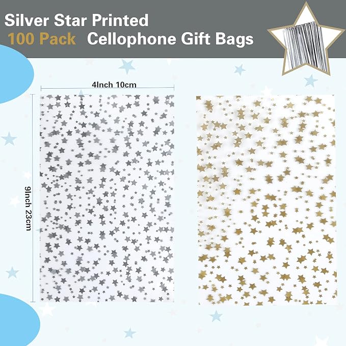100 Pcs Star Printed 4"X 9" Gift Wrap Cello Cellophane Treat Bags Party Favor - Image 2