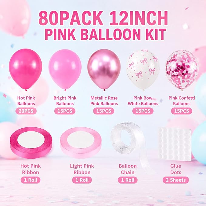 Pink Balloon Garland Kit 80Pcs 12 Inch Hot Pink, Light Pink, Confetti and Bow - Image 2