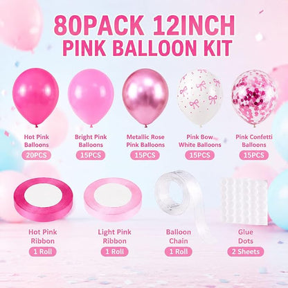 Pink Balloon Garland Kit 80Pcs 12 Inch Hot Pink, Light Pink, Confetti and Bow - Image 2