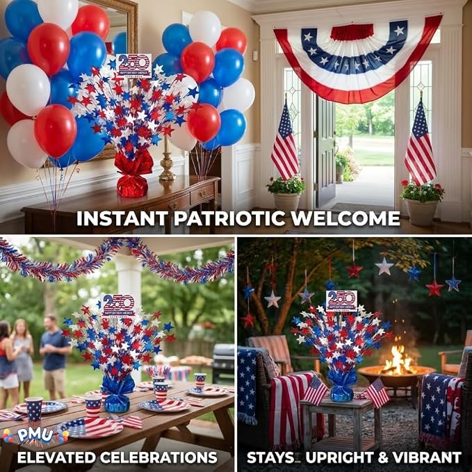 PMU 3 Pcs 250th Anniversary Patriotic Star Metallic Foil Spray Centerpiece Red - Image 4