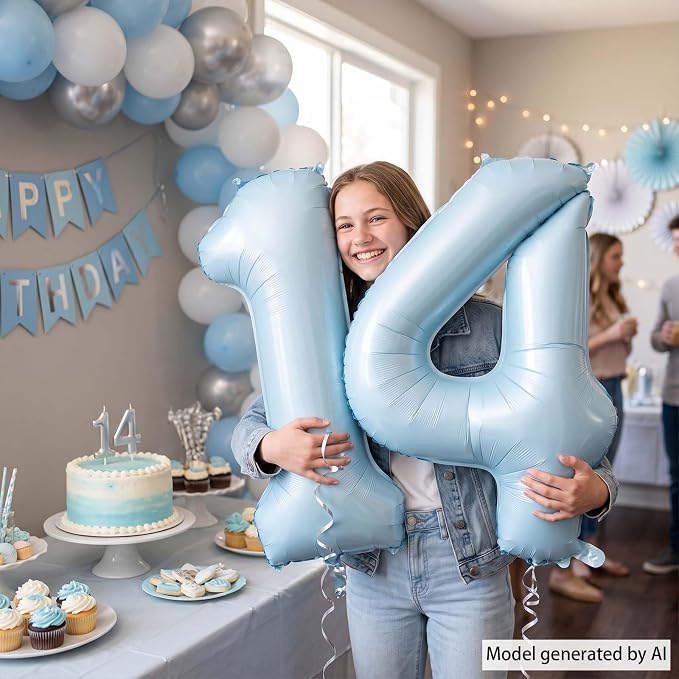 Baby Blue Number 14 Balloon 40 Inch, Sky Pastel Foil Digits Party Supplies | - Image 6