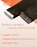Sunny Hair Tape in Hair Extensions Real Human Hair Invisible Remy Hair Extensions Tape ins for Women Dark Brown 14 inch 25G