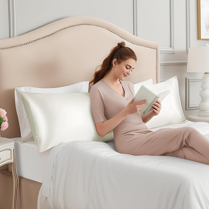 INFIIXSO Body Pillow Cover with Zipper, Luxury Mulberry Silk Body Pillow Case 20x54 Inches, Ultra Smooth and Soft Cooling Long Pillowcase, Gift for Women, Men(Cream)
