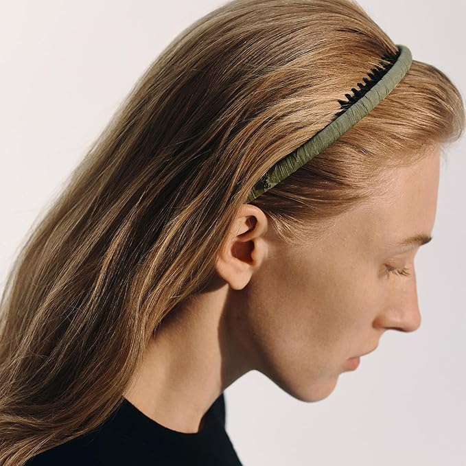 SHE'S FREE STYLE JUST FOR YOU Upgraded Classic Thin Headbands for Women, Non-Slip Polyester & Plastic Hair Bands with Teeth for Strong Hold Grip, Durable Hair Accessories (Green-D0, Upgrade)