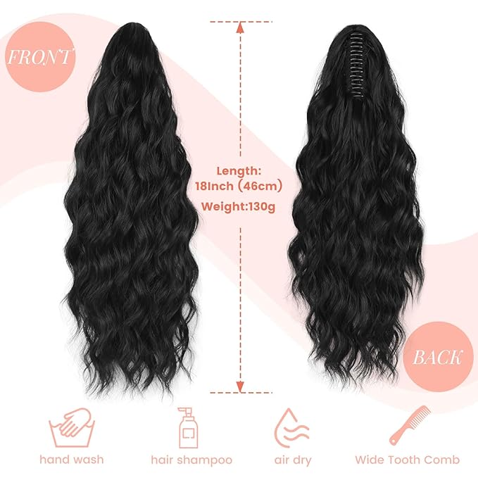 Ponytail Extension, 18 Inch Claw Clip Ponytail Extensions for Women Wavy Ponytail Hair Extension Jaw Clip on Pony Tails Hairpiece Fluffy Natural Synthetic for Daily Use (Natural Black)