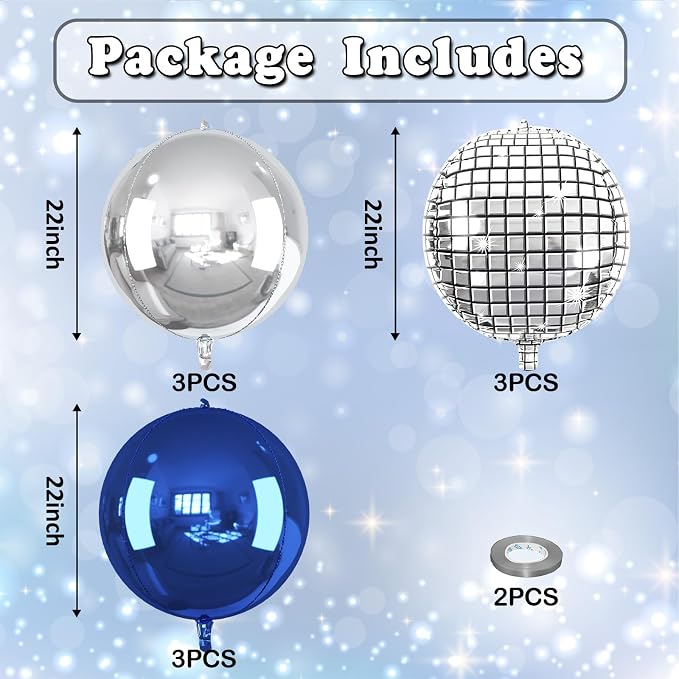 9 Pcs Blue Silver Round Foil Balloons Dark Navy Blue Metallic Silver Disco 4D - Image 2