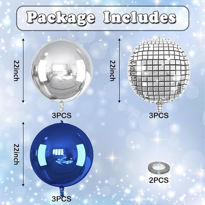 9 Pcs Blue Silver Round Foil Balloons Dark Navy Blue Metallic Silver Disco 4D - Image 2