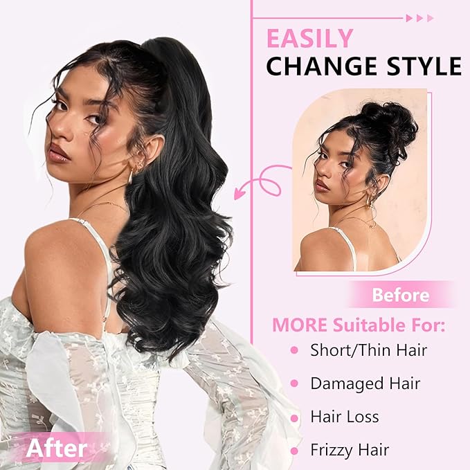 ALXNAN Ponytail Extension,18 Inch Claw Clip in Long Curly Wavy Black Ponytail Hair Extension Jaw Clip on Pony Tails Hairpiece for Women