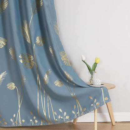 Stone Blue Blackout Curtains for Bedroom, Room Darkening Gold Palm Tree Pattern - Image 7