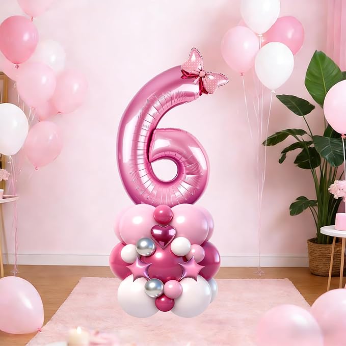 40 Inch Pink Number 6 Balloon Tower Set, Pastel Number Six Foil Balloon - Image 4