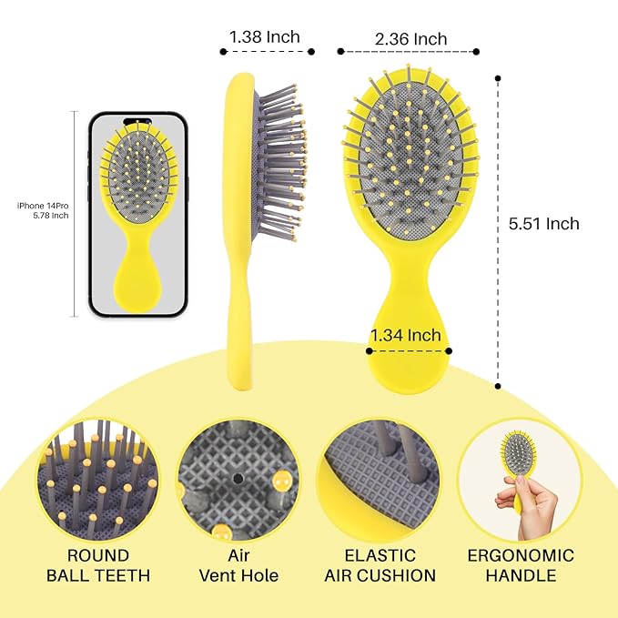RHOS Mini Hair Brush for Women,Men and Kids-Travel Size Hair Brush for Purse,Pocket,backpack-Small Cushion Paddle Brush with Soft Bristles-Mini Detangler Brush for All Hair Types(1 Pack-Yellow)