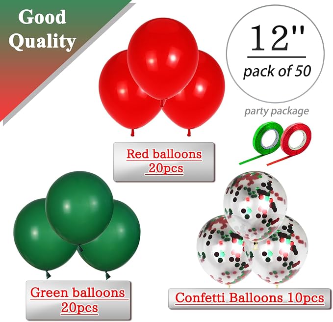 Red and Green Balloons 50 Pcs 12 Inch Christmas Latex Balloons Set Green Red - Image 2
