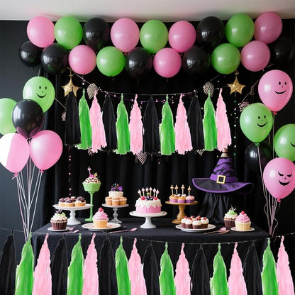 Black Pink and Green Tissue Paper Tassels Party Tassel Garland Banner - Image 2