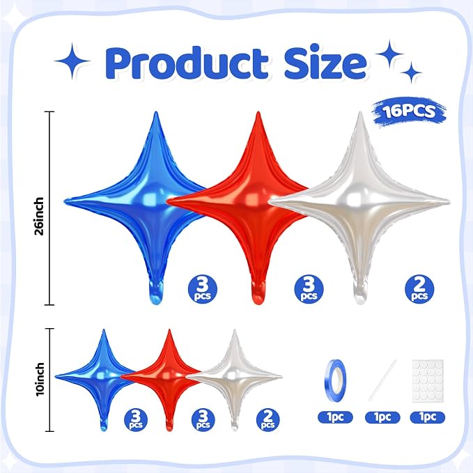 Blue Red Star Balloons, 26 Inch and 10 Inch Red Blue Stars Shaped Balloon - Image 2